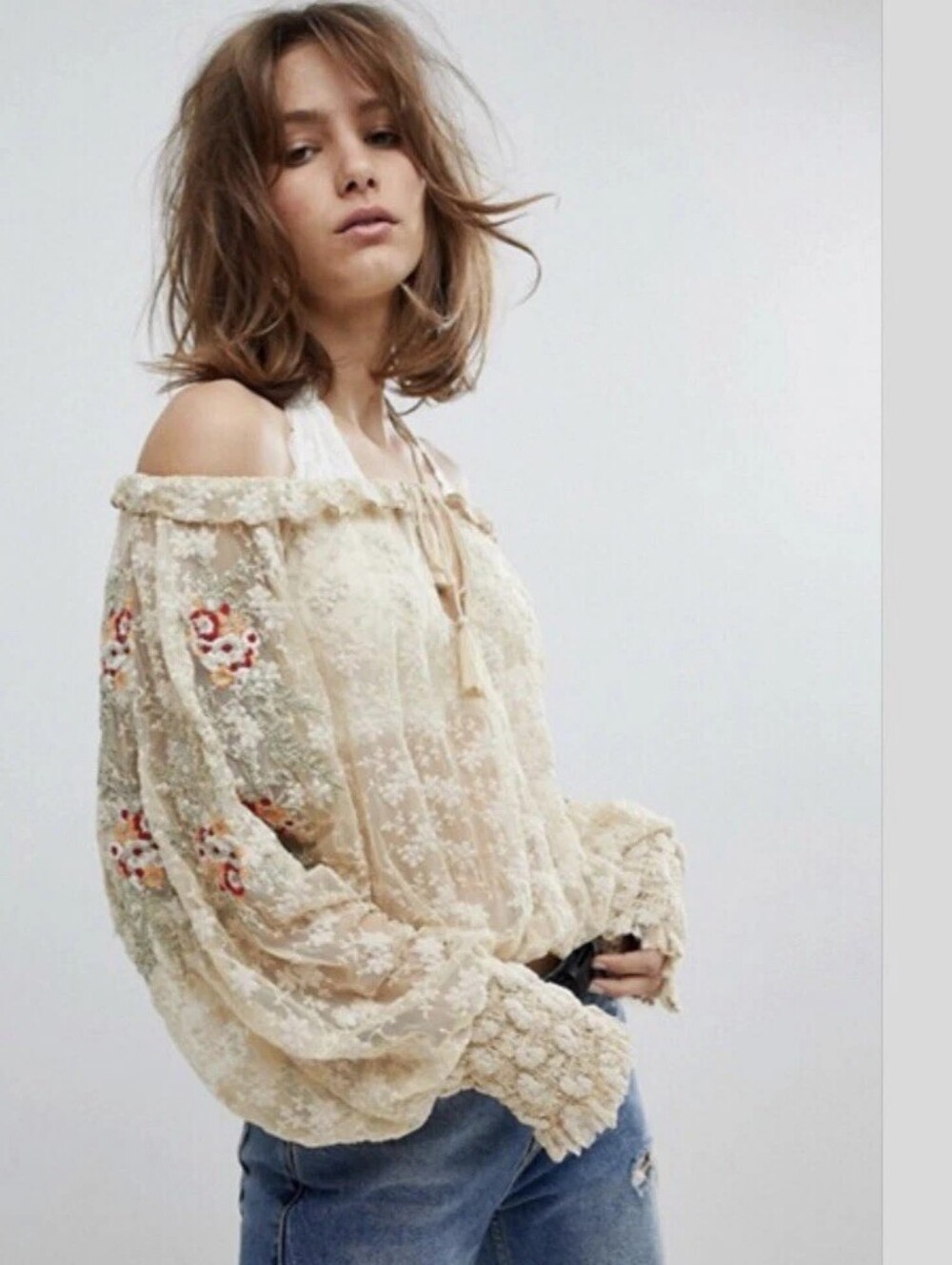 Free People Jubilee Blouse Cream XS Embroidered Mesh Off Shoulder Boho Lace Top